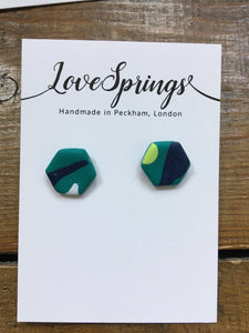 Green Abstract Hexagon Stud Earrings